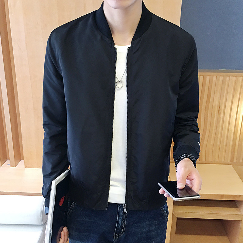 男装品牌男士外套袖夹夹克休闲宽松立领长袖黑色男装夹克宽松长袖_不