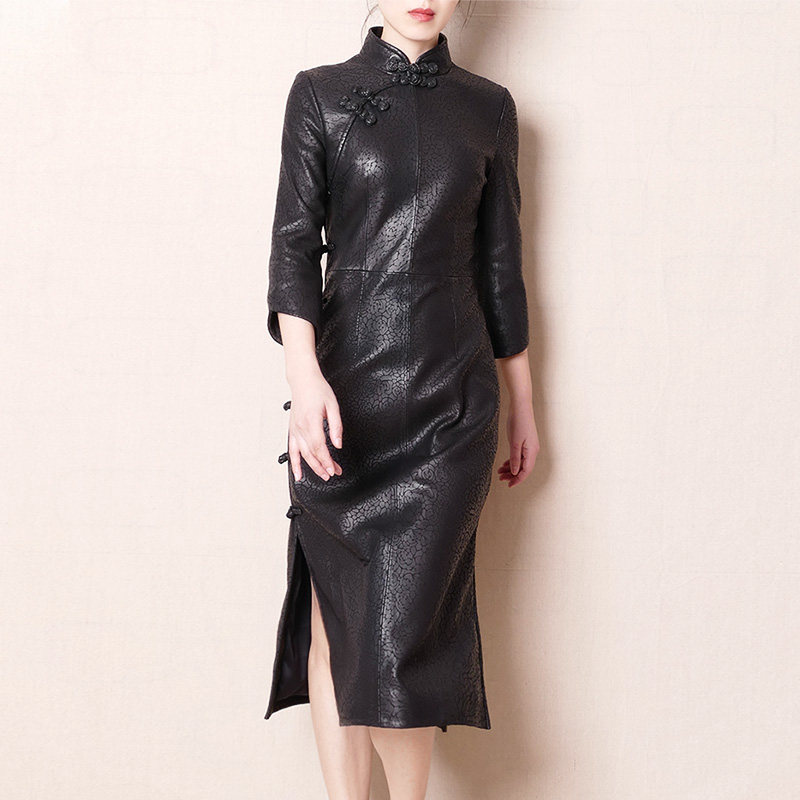 革氏原创立裁改良真皮旗袍 进口激光小羊皮 女长款真皮皮衣2017春