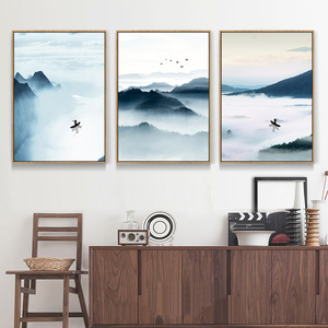 新中式装饰画三联客厅沙发背景墙禅意水墨山水风景壁画墙画挂画