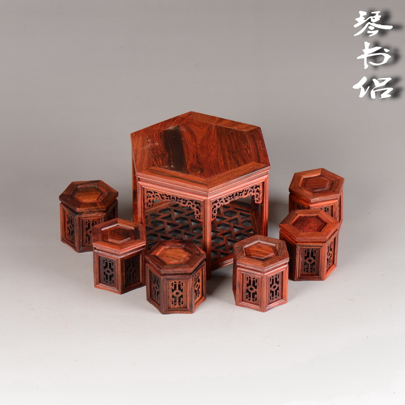 Red wood carving handicraft furnishing articles ceramic tea pot - base acid miniature furniture in the Ming and the qing dynasties, the six - party table model