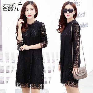 2017春季新款黑色蕾丝连衣裙长袖简约显瘦中