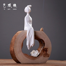 Natural weathered wood Guanyin Dharma Buddha figure ornaments Tree circle Lady ceramic base Chinese home decoration