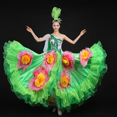 莎飘逸演出服新款女大花朵裙摆舞台舞蹈装大摆裙唯美表演服长裙女_8折