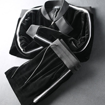 Autumn and winter plus velvet padded soft gold velvet cardigan loose mens casual sports suit two-piece set