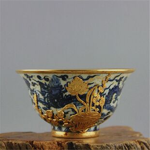 古玩收藏 热卖明永乐青花龙纹包金瓷碗 手工瓷古玩收藏 仿明代官窑古
