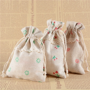 中草药 10*14cm 棉麻中草药驱蚊空袋子束口 印花蕾丝边棉布袋 香囊