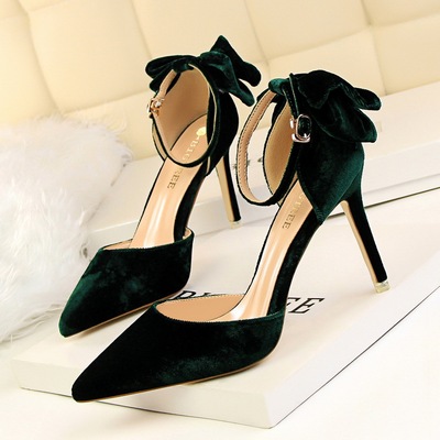 8313-2 han edition shoes high heel with suede shallow mouth pointed bow with a word after hollow hollow out sandals