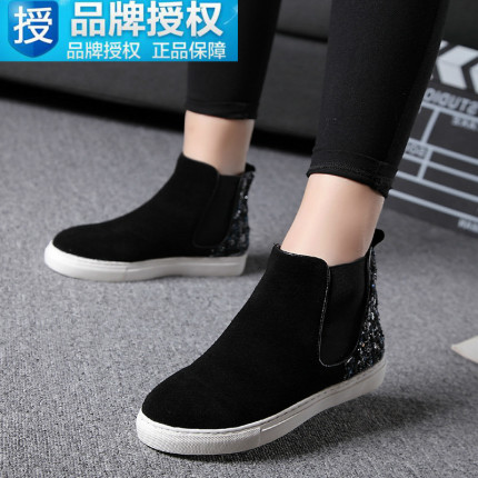 真皮正品百丽高特短靴女平底2015新款乐福鞋