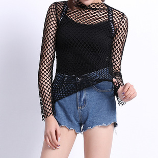 镂空网眼衫女夏韩版渔网长袖网格破洞罩衫百搭透视上衣t恤打底衫