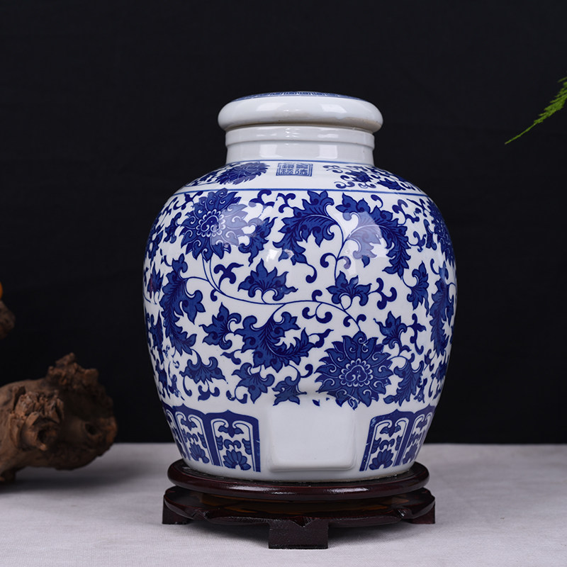 景德镇陶瓷酒瓶酒坛子10斤团花图家用青花酒壶泡酒坛密封储酒工具