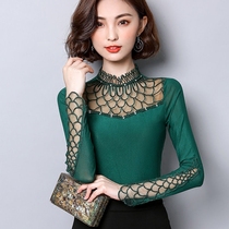 2018 autumn new stand neck black lace base shirt women long sleeve autumn winter Korean version of Wild size mesh coat top