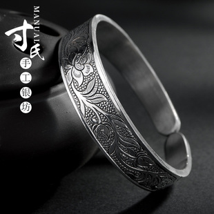 手镯 寸氏手工银坊999纯银手镯 纯银 银莲花 老银匠 999足银精美浮雕