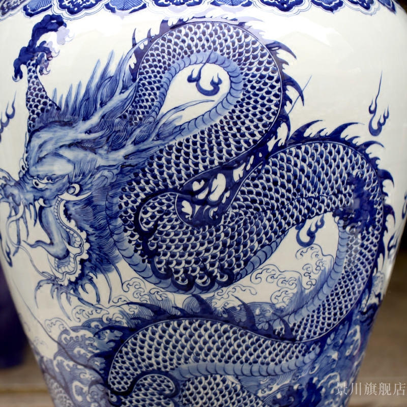 Jingdezhen blue and white porcelain hand - made dragon playing pearl sitting room of large vase household ceramics general furnishing articles large tank