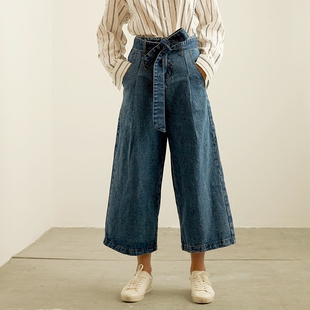 九分裤 toi高腰牛仔阔腿裤女2017秋季新款系带直通宽松九分裤 aime