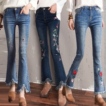 Flower embroidered denim micro-trousers female nine-point tassel Bell pants slim stretch thin elastic Fat Girl big size Blue