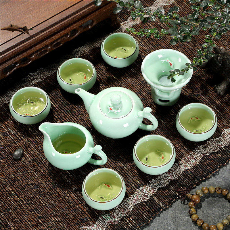 Household longquan celadon carp fish ceramic kunfu tea tea set the teapot tea cups with Chinese style