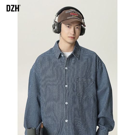 Men's striped denim shirt men's long-sleeved spring 202B5D new couple outfit American casual shirt cardigan Men's striped denim shirt men's long-sleeved spring 202B5D new couple outfit American casual shirt cardigan