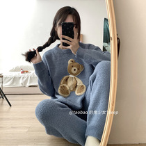 Korean soft cotton ~ cute bear couple pajamas female autumn and winter thick coral velvet round neck home suit suit