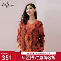 Evely 2022 winter new V-neck rhombus color contrast all-match temperament wool mohair sweater women