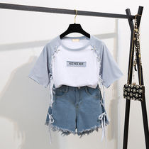 Two-piece set of students short-sleeved T-shirt denim shorts hot pants womens Korean version of the new loose casual top tide in summer