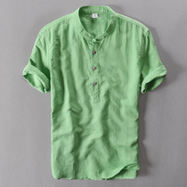China wind buckle linen t-shirt Mens short-sleeved stand-up collar loose linen top Vintage summer cotton linen half-sleeve T-shirt