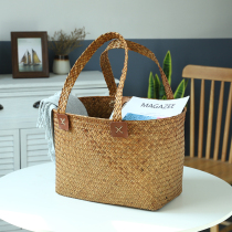 Literary straw handbag buying basket basket shopping basket basket with handle storage basket hand woven basket desktop storage box