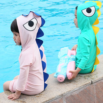  Childrens swimsuit Girls cartoon dinosaur hooded sunscreen Boys one-piece long-sleeved swimsuit Hot spring baby swimsuit