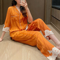 JUE Beauty ~ Fine Craftsmanship Real Silk Pyjamas Woman Spring And Autumn Slim 70% sleeves jacquard striped lace sexy