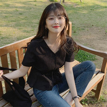 Retro short heart machine niche design sense Super fairy cotton shirt summer collarbone waist V-collar white shirt short sleeves