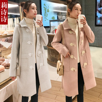 College style woolen coat female Korean version of the new mid-length autumn and winter 2021 student small horn buckle woolen coat