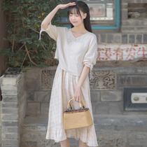 Sichuan Dei Time: Gong Drum Alley National Wind Daily Suit Two Sets V Collar 100 Hitch Blouse Girls Girl Pendant dress