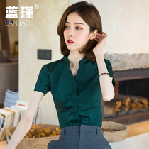 Stand collar shirt female summer design sense niche collarless shirt professional temperament tooling dress overalls short sleeve V collar