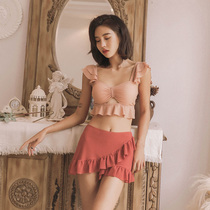 New swimsuit womens split three-piece conservative cover belly thin chest gathered skirt flat angle Japanese ins style