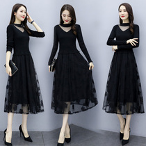 Autumn and winter long sleeve tight lace dress base shirt with mesh gauze