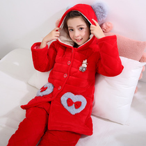  Padded childrens pajamas autumn and winter thickened plus velvet to keep warm girls coral velvet medium and large children little girl flannel