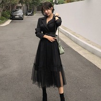 2021 socialite temperament long sleeve collar stitching mesh Medium-length dress belt waist slim dress dress Black