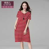 Korean Knitted Plus Size Womens Fat mm Striped Long Slim Cotton Top Dress Women Summer Short Sleeve Long Skirt