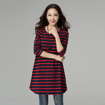 2021 spring size womens long sleeve long stripes loose slim cotton T-shirt round neck base shirt top