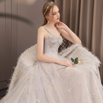  Gray dress skirt female 2021 new thin sling host bridesmaid long noble banquet starry sky evening dress