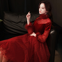 Velvet toast dress bride hair collar 2021 new summer wedding wine red can usually wear engagement dress temperament