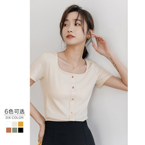 Square collar short sleeve T-shirt woman 2022 Summer new white short piece of body 100 hitch undershirt high waist knit blouse