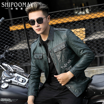 Leather leather mens sheepskin short lapel slim fit handsome motorcycle clothing leather jacket Mens leather jacket fashion