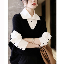 Pullover knitted wool vest womens autumn and winter style vest Japanese style loose two-piece white shirt set