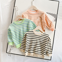 2020 Spring and autumn loaded with new small boy loose striped sweatshirt childrens baby Han version of foreign air tide and headcoat blouses