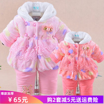 Little girls clothing autumn and winter suits 0-1-2 years old girl baby infant winter thickening and velvet cotton jacket cotton clothes