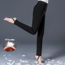 Down Pants Woman outside wearing northeast Harbin Mohe Snow Township Outdoor High waist thickened white duck suede Anti-cold pencil pants winter