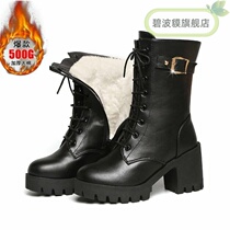 (High quality soft leather)Winter boots womens shoes thick-heeled mid-barrel boots Womens Martin boots Medium-heeled flannel cotton boots Womens boots