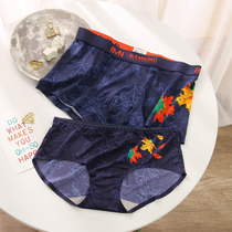 Ice silk printed couple panty suit mens boxer briefs womens briefs mid-waist sexy mens and womens panty lovers