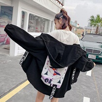 Denim coat schoolgirl Korean loose hooded spring and autumn short clown print fat MM large size denim top