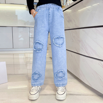 Girls jeans spring and autumn 2021 new foreign style in big children pants autumn loose autumn wide legs childrens trousers